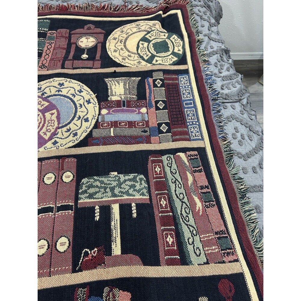 VTG Goodwin Weavers Cotton Tapestry Fringe Blanket Library Book Shelf 68”x49” - Picture 4 of 11
